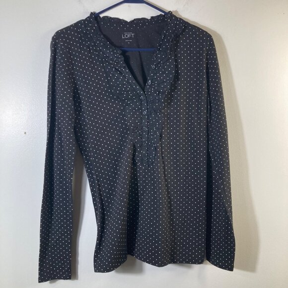 Womens Ann Taylor Loft Ruffle Polka Dot Shirt 1/2 Button M Black White - Picture 1 of 8
